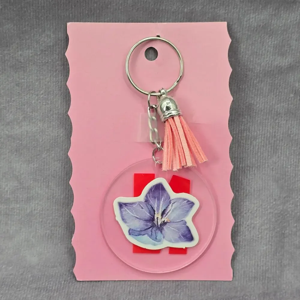 Letter Keychain Clear Silver Circle Handmade‎ Acrylic Tassel Flower N Pink